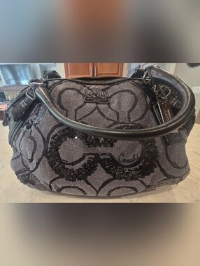 Authentic Coach Black Signature Sequin Tote In Black/Dark Gray